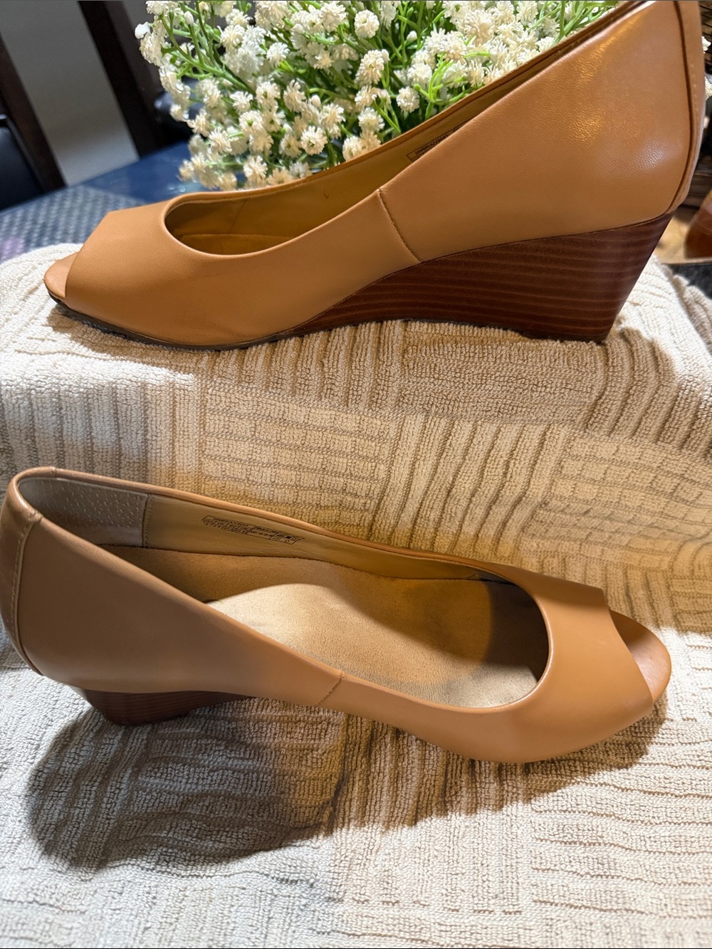 Vionic Tan Peep-Toe Wedge Pumps